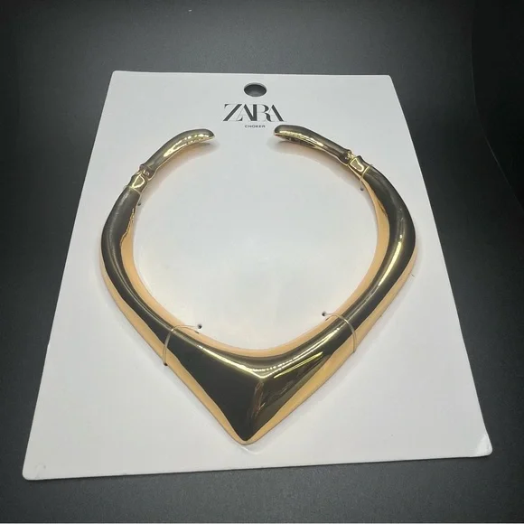 zara chunky gold collar necklace v-shaped statement neckpiece - Picture 3 of 5
